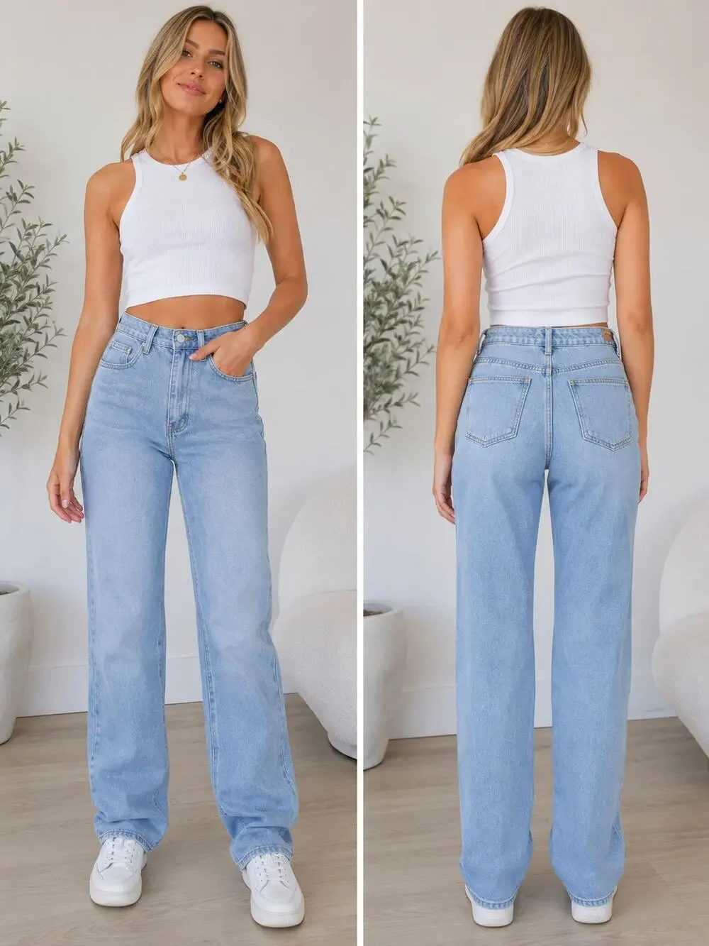 PrettyLittleThing Light Wash High Waist Straight Leg Jeans US 8 Tall